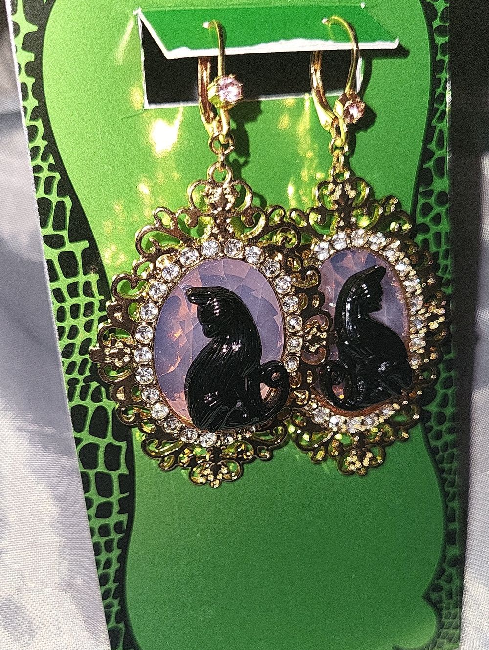 Betsey Johnson Gold Filigree Black Cat Cameo Earrings with Pink Cabochon Ta